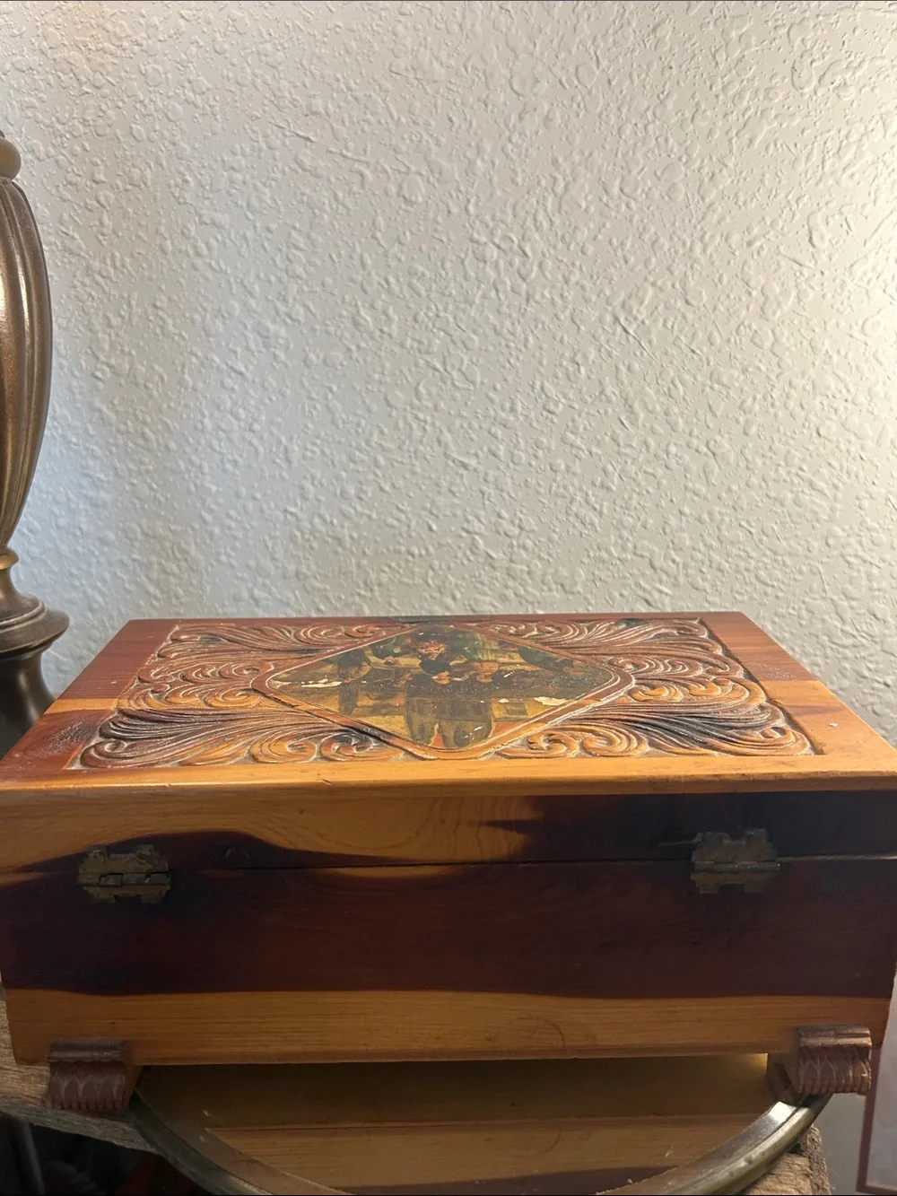 Hand-Carved Wooden Decorative Cedar Box in Warm Brown and Tan Cottage Core
